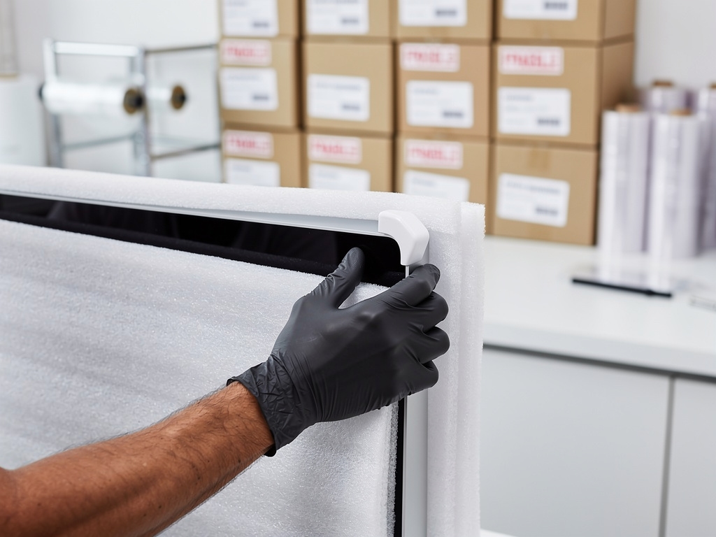 Sorgfältiges Einpacken von Bürogeräten vor dem Transport